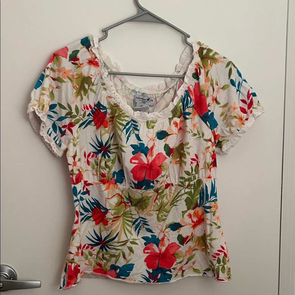 Caribbean Joe White Short Sleeve Top with Red, Blue & Green Floral Print